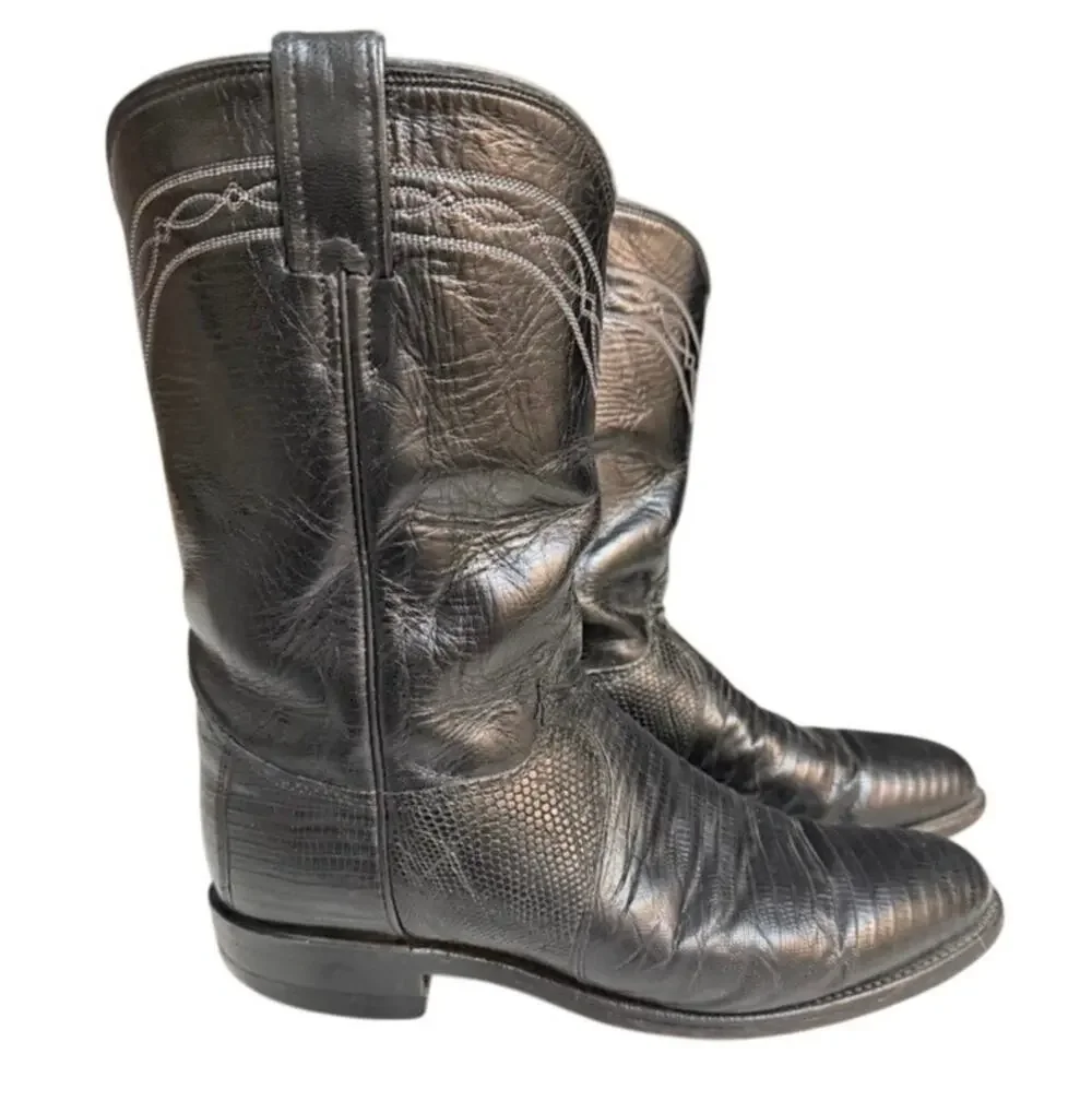 VTG Justin Black Lizard Leather Cowboy Boots Roper Style 3112 Pull On Mens 8 D